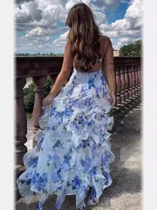 Back view of an elegant floral print ruffled chiffon maxi dress evening gown for women