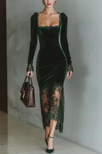 Detailed view of dark green velvet evening dress featuring intricate black lace trim