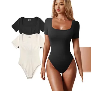 Women's ribbed short sleeve bodysuit with square neck for yoga and fitness workout
