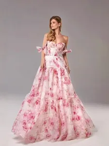 Women Elegant Off Shoulder Organza Evening Dress Floral Print Butterfly Sleeve Tiered Long Fairy Party Gown Dress