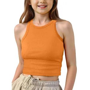 Detailed view of a girl wearing an orange ribbed sleeveless crop top for summer