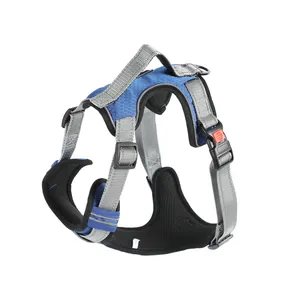 Detailed view of blue and grey breathable mesh dog harness with reinforced handle