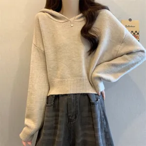 Vue détaillée d'un pull court à capuche en maille beige porté par un mannequin en studio