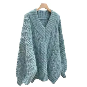 Maglione a trecce con scollo a V largo da donna, caldo top per autunno e inverno