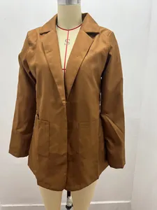 Front view of a professional brown slim-fit blazer with notch lapels on a mannequin.