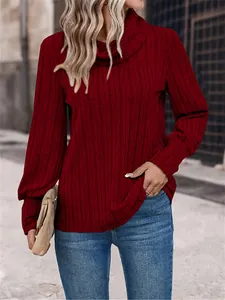Detail view of wine red ribbed turtleneck long sleeve top for women in casual style