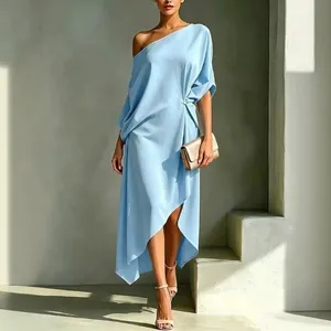 Elegant light blue one-shoulder asymmetrical midi dress for women minimalist style