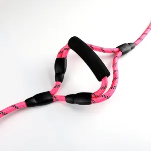 Durable pink reflective rope dog leash with comfortable foam handle for training