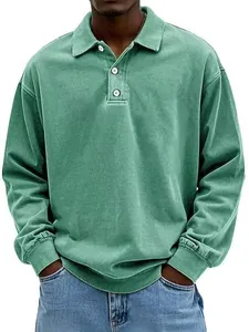 Men's loose fit long sleeve polo shirt in washed green fabric with button collar