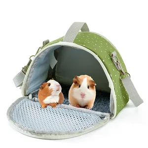 Close-up of green polka dot small pet carrier bag with mesh door and guinea pigs