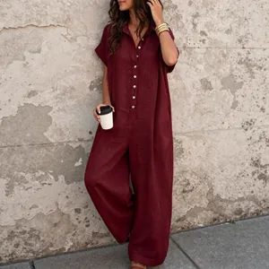 Elegant dark red short sleeve shirt collar loose wide leg jumpsuit for summer leisure