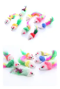 Detailed view of colorful plush mouse cat toys with bright feathers for interactive play.