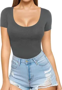 Detail view of women's slim-fit dark grey T-shirt with a low scoop neckline