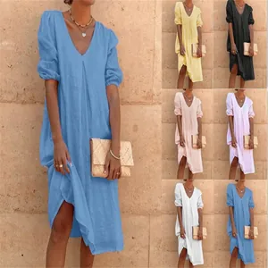 Abito Midi in Cotone Casual da Donna Scollo a V Largo Tinta Unita Maniche a Sbuffo Arricciato Estivo Elegante per Vacanza