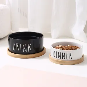 Minimalistisches Keramik-Napfset mit Bambustablett für Katzen und Hunde, Drink & Dinner