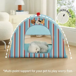 Minimalist blue and red striped indoor pet tent with cute cartoon animal graphics for dogs