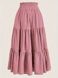 Elegant pink tiered maxi cake skirt with a comfortable high elastic waist design for women
