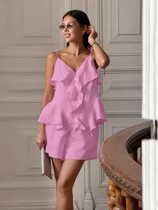 Ensemble Top Caraco et Short en Coton pour Femmes à Volants Boutons Été Vacances Deux Pièces Short Couleur Unie Tenue Sans Manches