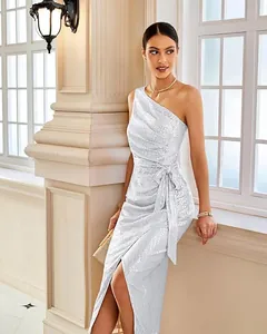 Elegant silver one-shoulder sequin dress with wrap waist and side slit for cocktail parties