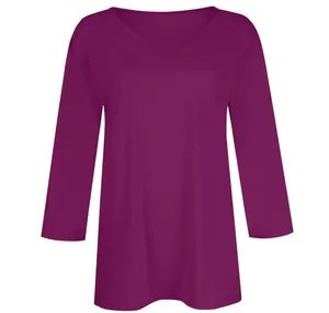 Front detailed view of women's solid plum purple V-neck T-shirt with comfortable 3/4 sleeves.