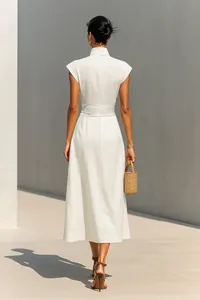 Elegant back view of a white high-neck midi dress with a wide cinched waist belt