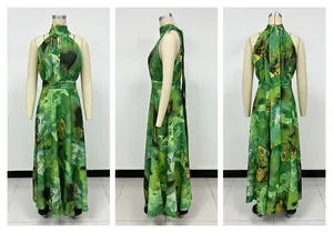 Detailed three-angle view of a green floral print sleeveless halter neck maxi dress