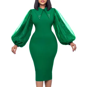 Elegant green bodycon midi dress featuring mesh puff sleeves and a beaded collar detail.