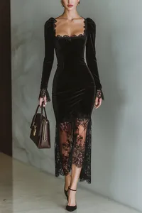 Elegant French style black velvet evening dress featuring delicate lace trim detail