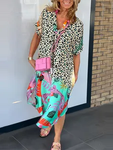 Women Fashion V Neck Printed Loose Maxi Dress Short Sleeve Leopard Tropical Plant Pattern Summer Vacation Casual Dress For Women
