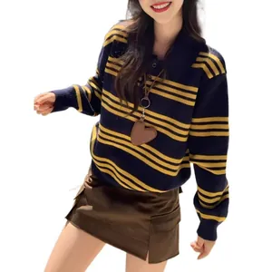 Pull rayé oversize à col polo de style coréen pour femmes en maille douce et confortable