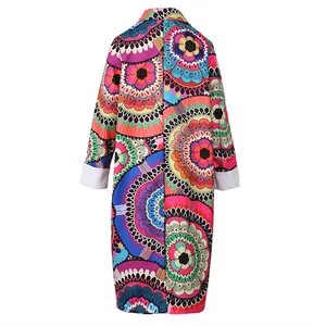 Back view of bohemian colorful mandala print long trench coat for women
