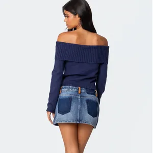 Elegant navy blue off-the-shoulder long sleeve knit sweater for women, showing back view