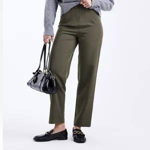 High-waisted olive green straight-leg dress pants for professional women's wear