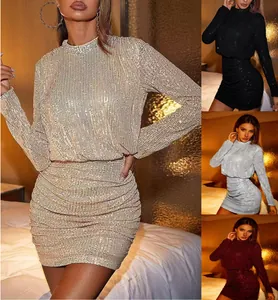 Detail showing four color variants of the sequin long sleeve mock neck mini dress