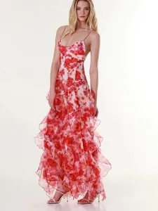 Elegant floral print chiffon maxi evening gown with ruffled tiers and thin straps