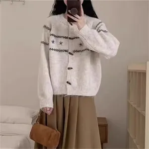Cárdigan de punto bordado vintage con cuello redondo y botones de cuerno para mujer