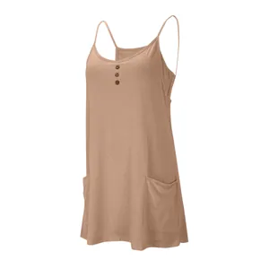Detailed side view of a brown casual V-neck camisole dress with buttons and pockets.