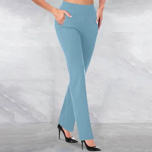 Detail view of women's light blue high-waisted yoga pants featuring functional side pockets