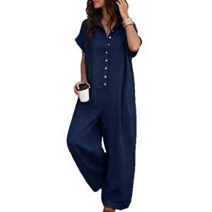 Summer casual navy blue button-front loose short-sleeved jumpsuit for women