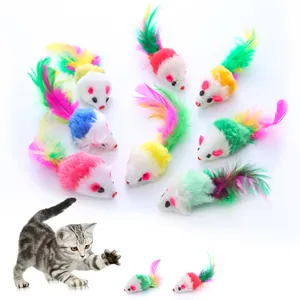 Interactive Plush Cat Toy Mouse Shape With Colorful Feathers Rattle Sound Squeaky Pet Boredom Relief Toy For Indoor Cats Playing