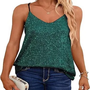 Top a canotta con paillettes verde scuro scollo a V e vestibilità comoda per party casual