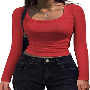 Close-up detail of a red ribbed long sleeve square neck slim fit T-shirt for women
