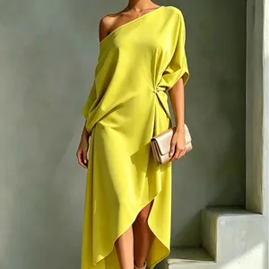 Elegant chartreuse one-shoulder dress in minimalist cotton linen for stylish women.