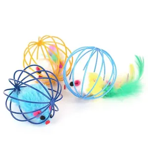 Lot de jouets balles en cage pour chats avec souris en peluche et queues en plumes