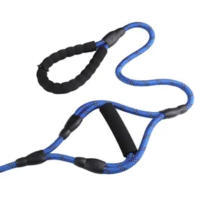 Durable blue reflective dog leash featuring double padded foam handles for safety.