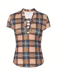 Elegant vintage brown and blue plaid print short sleeve top with lace-up V-neck detail