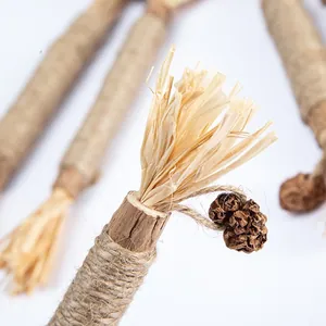 Makroansicht des Katzenminze-Stäbchens aus Silberrebe mit Bast und Gallfrucht-Texturen.