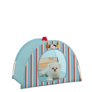 Blue striped pet tent house for dogs and cats with cartoon design and soft mat