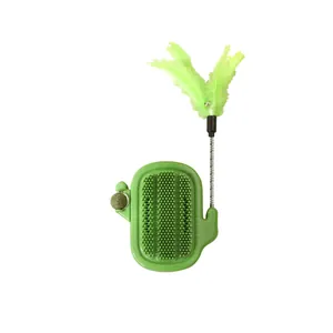 Interactive green cactus cat self-groomer with spring feather teaser and catnip ball