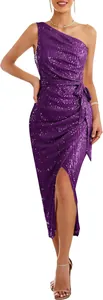Close-up detail of purple one-shoulder sequin dress with side slit for cocktail parties